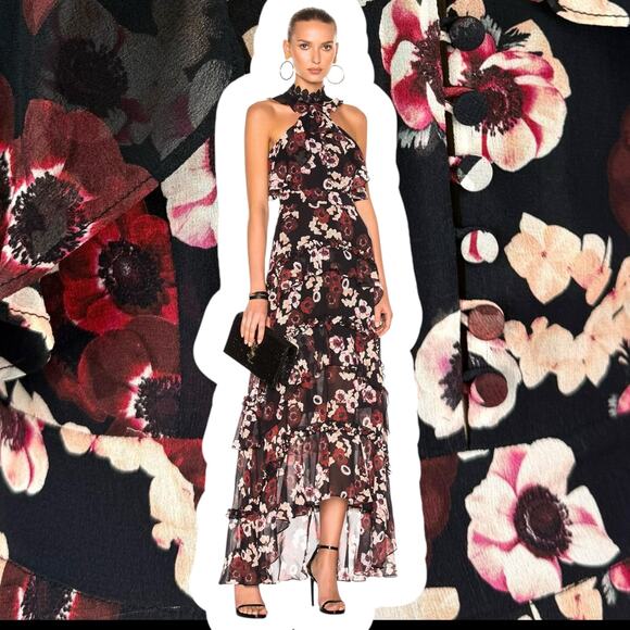 New w/Tag NICHOLAS silk floral ruffle tiered asymmetrical Goddess gown - Picture 3 of 17